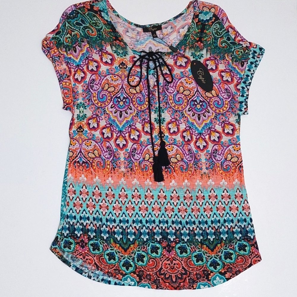 NWT Cupio Colorful Lace-up Tassel Tie Tee, size S